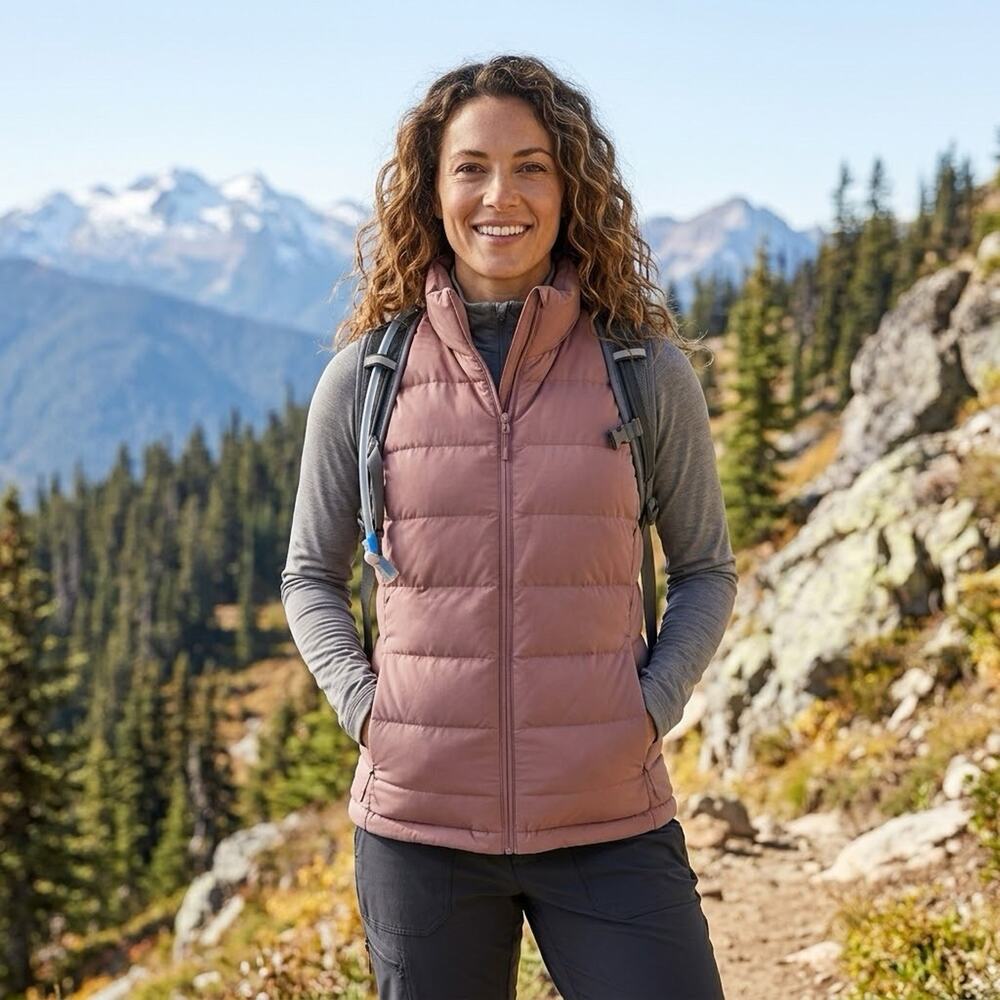 Eddie Bauer Down 650 Puffer Vest S Rose Mauve Full Zip Stretch Quilted Outdoor